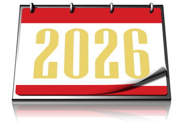 Rendering 3D di un calendario da tavolo che mostra l'anno "2026" con numeri gialli in grassetto. Lo sfondo è prevalentemente bianco, con bordi rossi sopra e sotto i numeri.