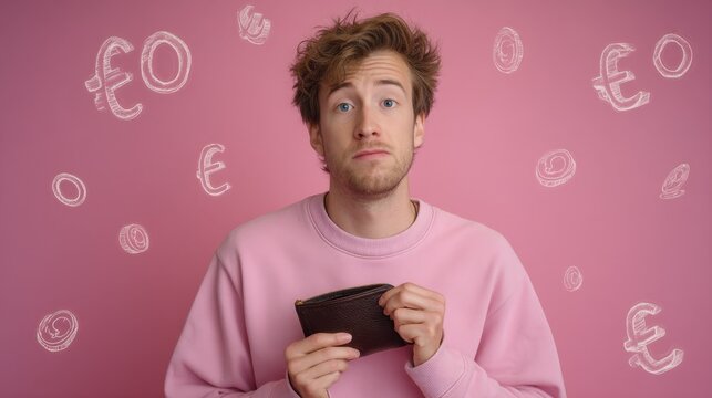 A man’s humorous yet relatable poverty moment, highlighted by stark pink and symbolic money absence.