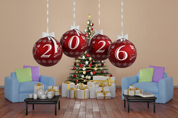 Illustrazione 3D. Anno nuovo 2026. Capodanno 2026 in numeri e con decorazione natalizia. Palle dell'albero di Natale