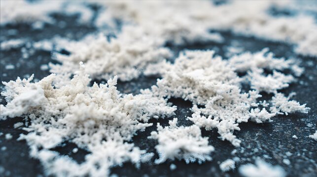 White mineral deposits like snowflakes on a dark stone surface. 