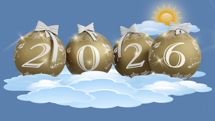 Illustrazione 3D. Anno nuovo 2026. Capodanno 2026 in numeri e con decorazione natalizia. Cielo e Nuvole.