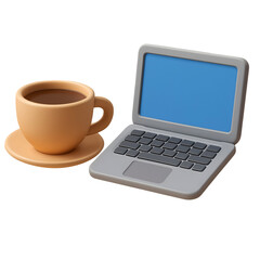 3D Coffee and Laptop Icon Isolated on White Background