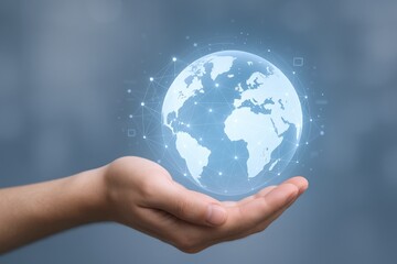 Global Technology Concept: Hand Holding Holographic Earth, Representing Worldwide Connectivity and Future Innovation