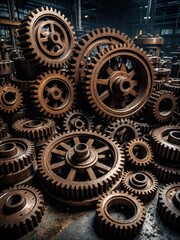 Industrial Gears and Cogs: Intricate Machinery Displayed in a Dark, Moody Factory Setting, Capturing Mechanical Precision
