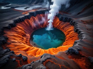 Icelandic Volcano's Fiery Heart: Stunning Lava Flow & Turquoise Crater Lake - Nature's Raw Power Displayed