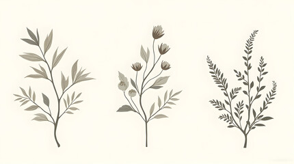 Elegant Botanical Illustration Featuring Three Monochrome Flower and Leaf Designs on Light Background