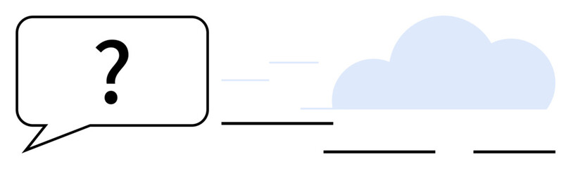 Speech bubble with question mark moves toward cloud, symbolizing data transfer, knowledge sharing, communication. Ideal for technology, knowledge, dialogue, innovation research networking. Simple