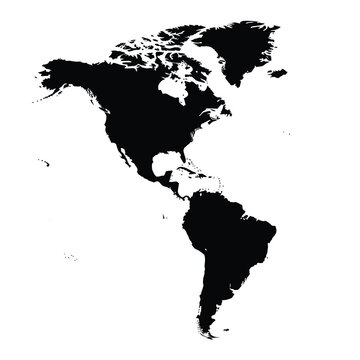 Silhouette map of the americas, combining the continents of north america and south america in a single, bold, black graphic outline on a crisp white background, perfect for global themes