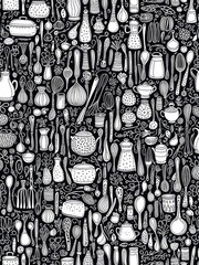 Intricate black and white kitchen utensil illustration, featuring spoons, ladles, pots, and various cooking tools, perfect for culinary projects.