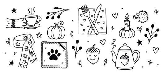 Black-and-white cartoon illustrations of cozy autumn doodles including cup, scarf, pumpkin, acorn, candle, and hedgehog in whimsical seasonal theme