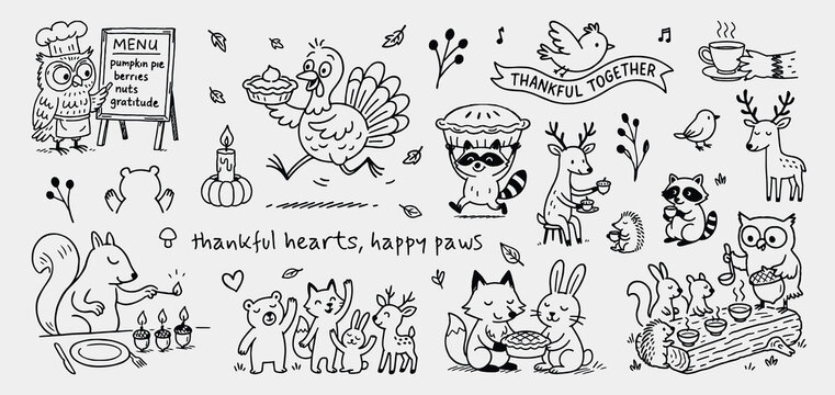Black-and-white cartoon illustrations of woodland animals sharing food, gifts, and gratitude in whimsical seasonal theme with “thankful hearts, happy paws” and “THANKFUL TOGETHER” text