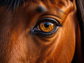 Intense Horse Eye Close-Up: Golden Brown Beauty, Detailed Portrait of a Majestic Equine, Stunning Wildlife Photography