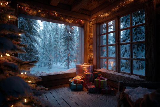 Cozy cabin interior with glowing christmas lights overlooking a snowy forest scene - Powered by Adobe