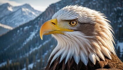 Fototapeta premium Majestic Bald Eagle Portrait: American Symbolism with Mountain Backdrop - Wildlife Photography