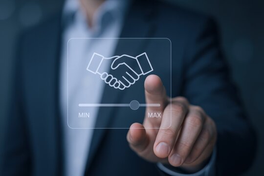 Business Agreement Optimization: Man Interacting with Handshake Icon on Virtual Interface for Partnership Enhancement - Powered by Adobe