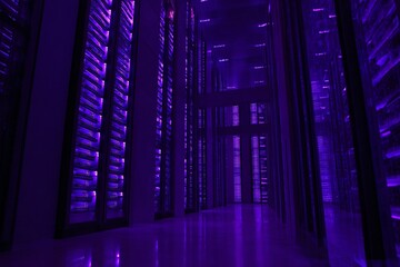 Fototapeta premium Supercomputer corridor with holographic data streams floating, purple-blue cyber lighting,