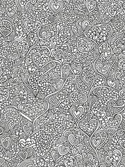 Intricate Whimsical Heart Doodle Pattern - Black and White Abstract Art for Creative Coloring Books & Digital Designs