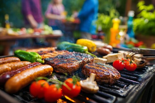 A variety of meats and vegetables are sizzling on the grill during a sunny summer barbecue. Friends gather nearby, sharing laughter and enjoying the outdoor feast together