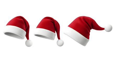 Three red santa hats with white trim