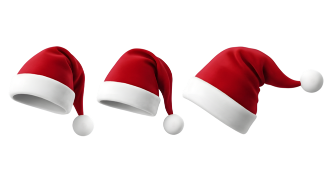 Three red santa hats with white trim