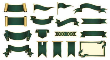 Collection of green and gold banners and scrolls