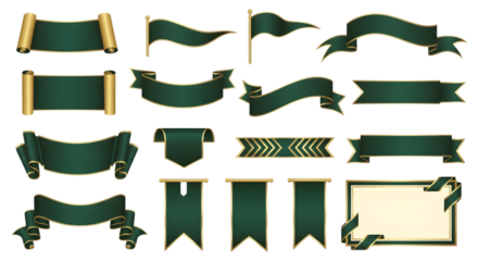 Collection of green and gold banners and scrolls