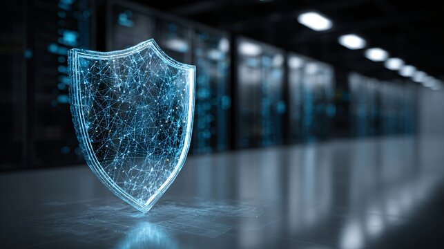 Digital shield hologram protecting servers, cyber defense theme,