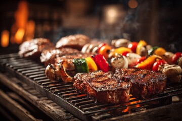Friends gather for a backyard barbecue, grilling juicy steaks and colorful vegetables. Smoke rises in the warm air as they enjoy a sunny afternoon outdoors