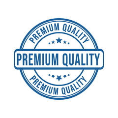 Premium quality round blue stamp or badge icon with five stars, symbolizing excellence, top-tier product guarantee, and superior service standards for diverse business and marketing uses