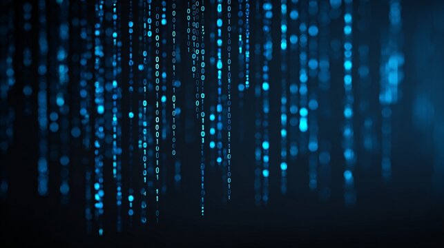 Flowing encrypted data particles, blue matrix, copy space top-right,