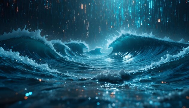 A futuristic ocean where waves reflect binary code — nature vs. digital future merging.
