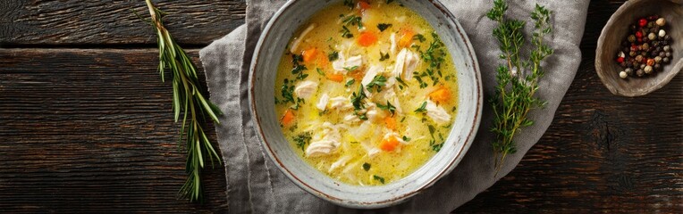 A bowl of warm chicken soup is placed on a wooden table. Fresh herbs and a small dish of spices accompany the soup, creating a comforting atmosphere for a cozy meal