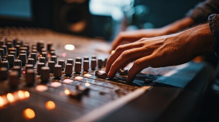 Close-up of audio engineer adjusting sound levels on a mixing console in studio environment