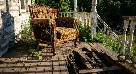 An antique armchair with ornate wooden details and plush upholstery sits on an old, weathered porch with peeling wood and overgrown plants, suggesting neglect and decay