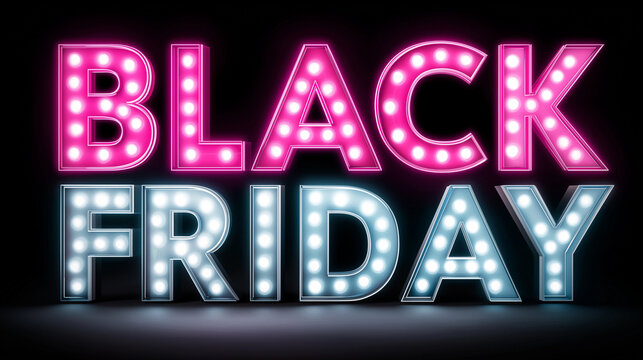 Illuminated 'Black Friday' sign in pink and icy blue neon lights creates a futuristic shopping vibe on a black background. Trendy promo artwork mixing retro style and modern color contrast.