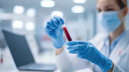 Female Lab Technician Analyzing Blood Sample in Test Tube for Medical Research