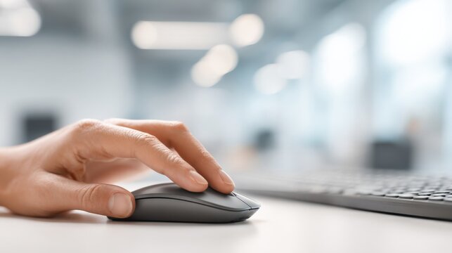 Hand Using Wireless Computer Mouse in Modern Office Setting for Business and Technology Concepts