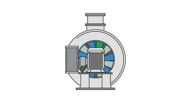 Schematic diagram of an industrial centrifugal fan with a cross-section view of the motor and impeller for HVAC systems