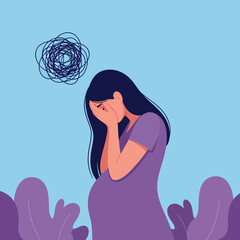 Sad pregnant woman suffering from anxiety and depression. Mental health issues during pregnancy concept illustration.