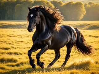 Majestic Black Stallion Galloping Through Golden Field: A Portrait of Power, Grace, and Wild Beauty in Nature