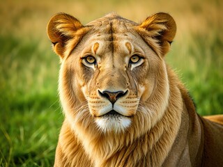 Majestic Lioness Portrait: Intense Gaze of African Wildlife in Golden Hour Light - Conservation & Safari