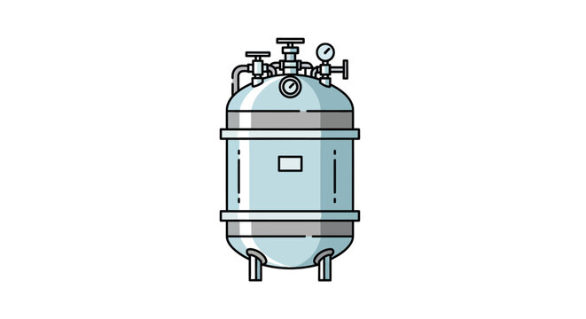 Vector line art icon of an industrial pressure vessel or autoclave. Illustration of a steel tank with valves and a manometer for manufacturing or scientific use