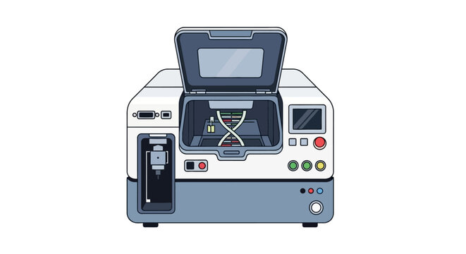 Scientific illustration of a modern gene sequencing machine used in biotechnology, medical diagnostics, and genetic research