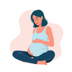 Happy Pregnant Woman Sitting and Holding Belly. Expectant Motherhood, Prenatal Health, and Maternity Wellness Concept.