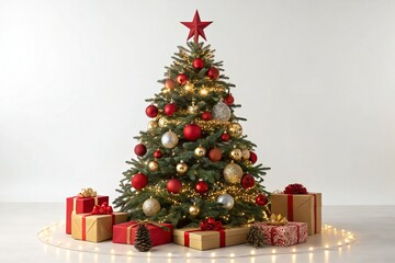 Festively decorated Christmas tree surrounded by wrapped presents and warm lights, creating a cozy holiday atmosphere.
