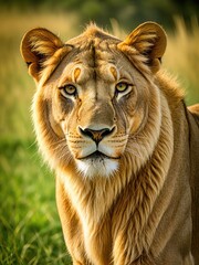 Majestic Lioness Portrait: Golden Eyes and Flowing Mane in African Savannah - Wildlife Photography