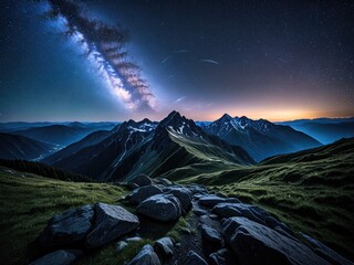 Majestic Mountainscape: Milky Way Over Peaks at Twilight - Stunning Night Photography