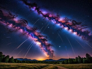 Majestic Milky Way Over Rolling Hills: Stunning Nightscape Photography with Star Trails and Vibrant Purple and Blue Galactic Hues