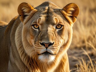 Majestic Lioness Portrait: Fierce Gaze in Golden African Savannah Sunlight - Wildlife Photography