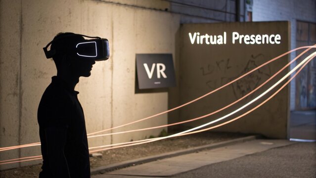 Person wearing VR headset immersed in digital light trails